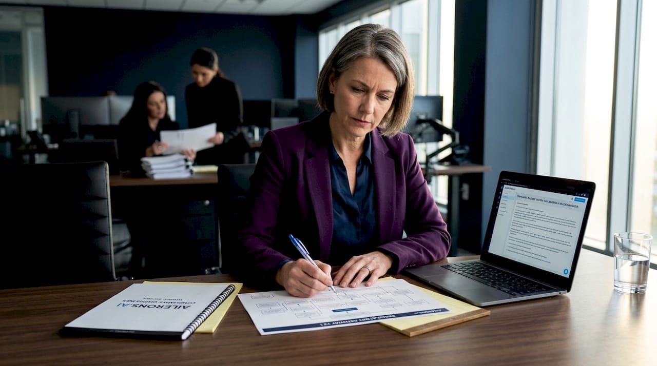 Compliance officer reviewing workflow and logic chart
