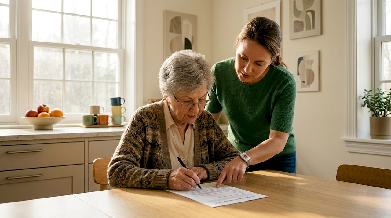 Elderly woman signs advance directive with daughter