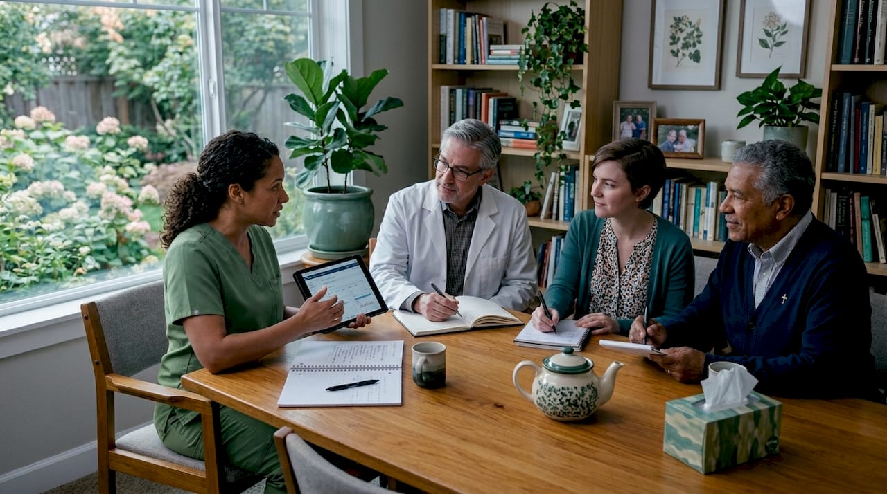 Hospice team reviewing patient care at meeting table
