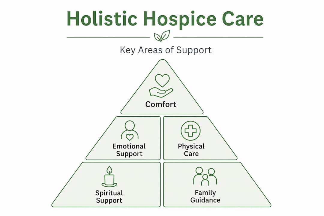 Hierarchy infographic of holistic hospice care support areas