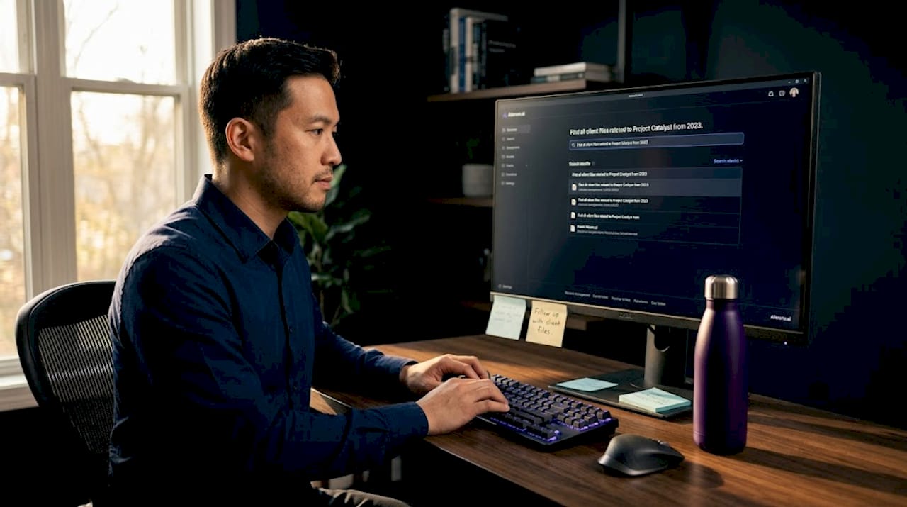 Office worker searching AI record system