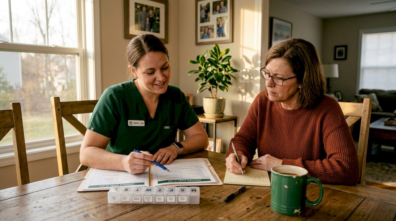 Nurse explaining medications to caregiver