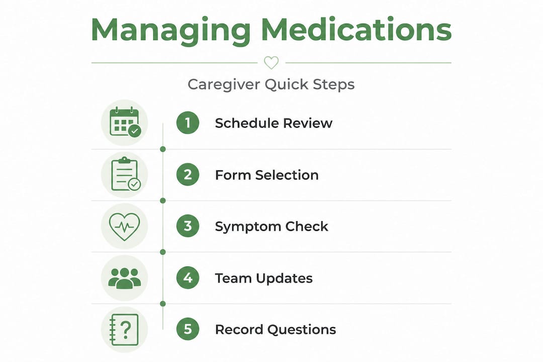 Infographic of medication management steps for caregivers