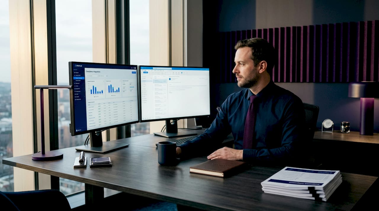 IT manager checks compliance automation dashboard