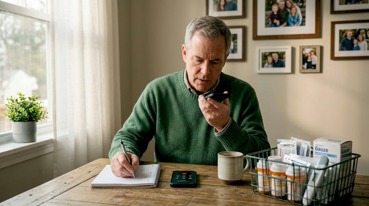 Caregiver discussing hospice supplies on phone