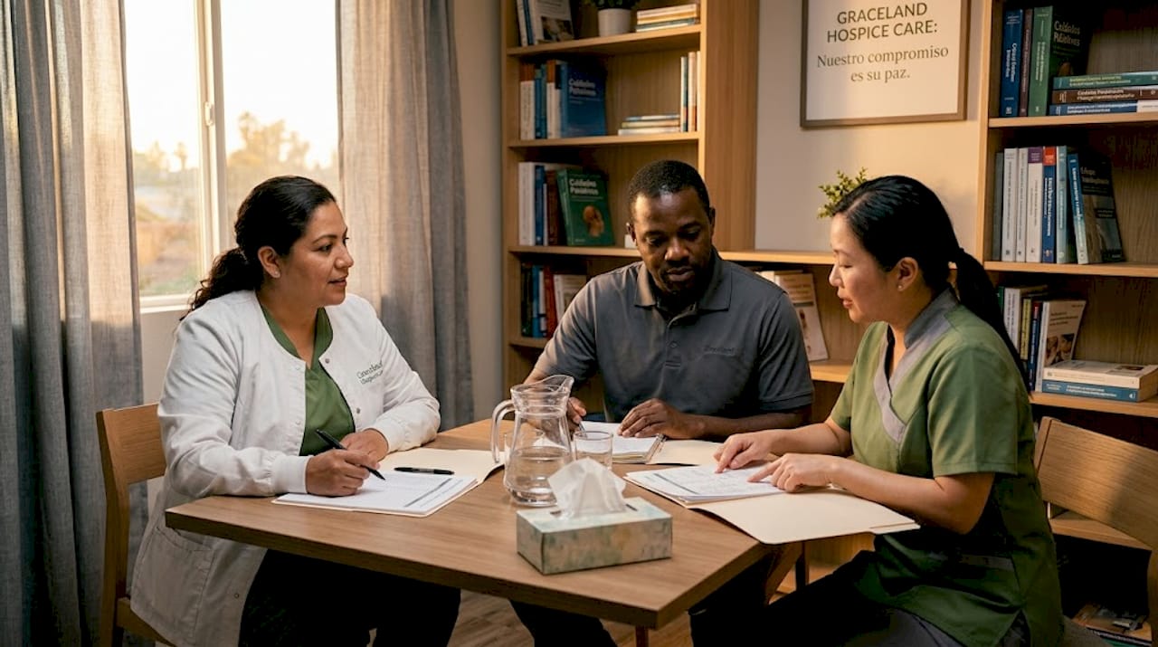 Equipo interdisciplinario y multicultural de cuidados paliativos dialoga y coordina juntos los planes de atención para los pacientes.