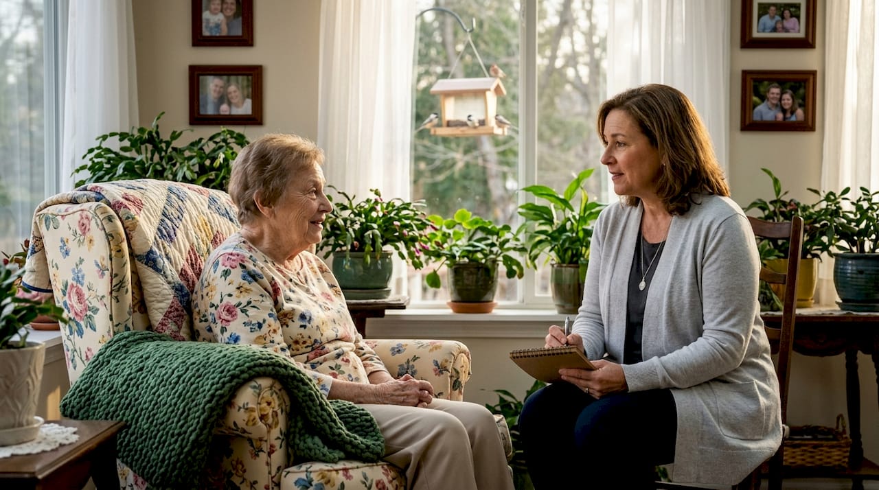 Chaplain and patient in hospice conversation