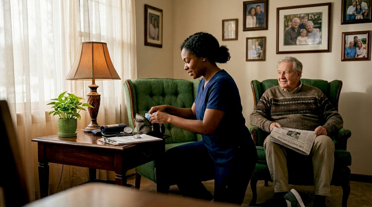 Hospice nurse setting up for routine visit