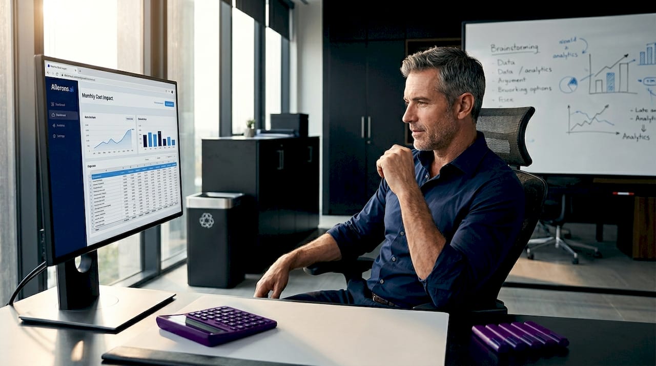 Man analyzing cost savings dashboard in office