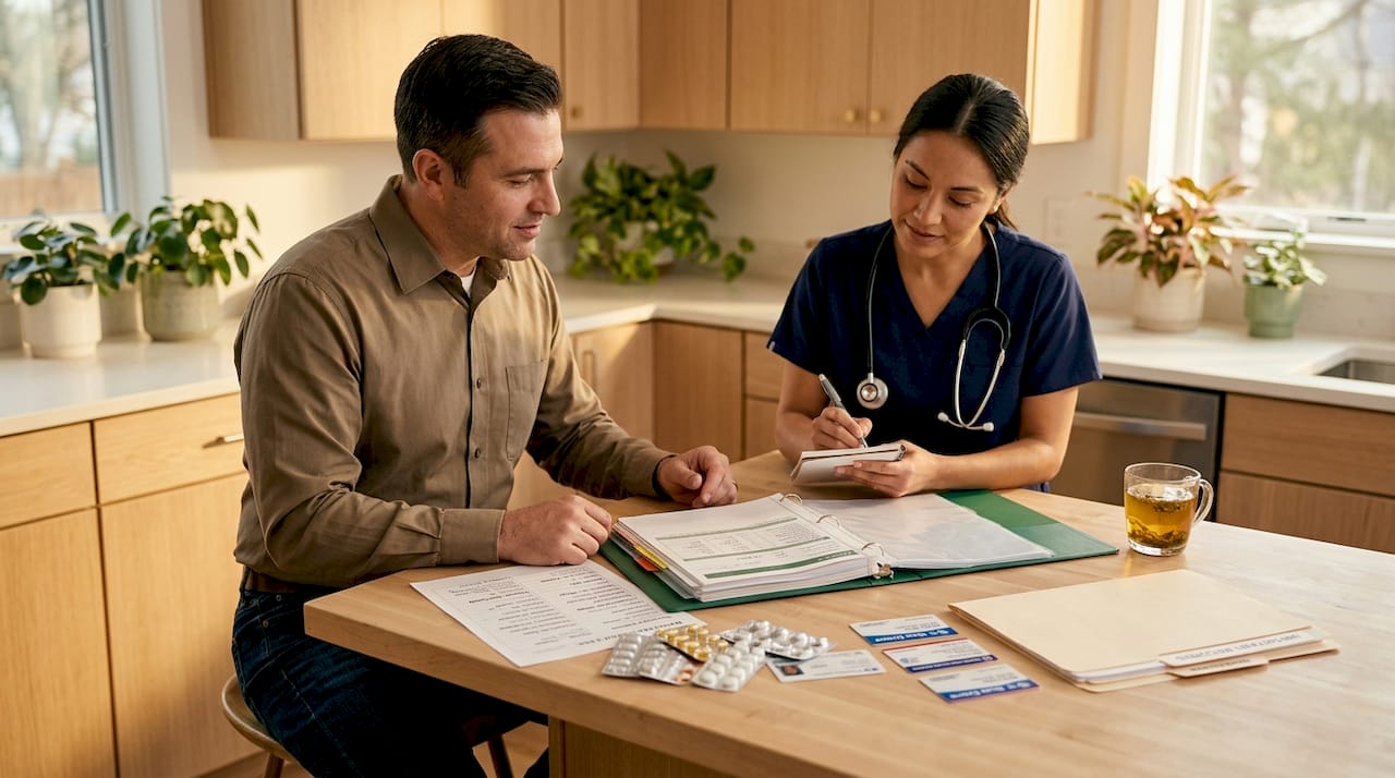Caregiver and nurse organizing hospice binder