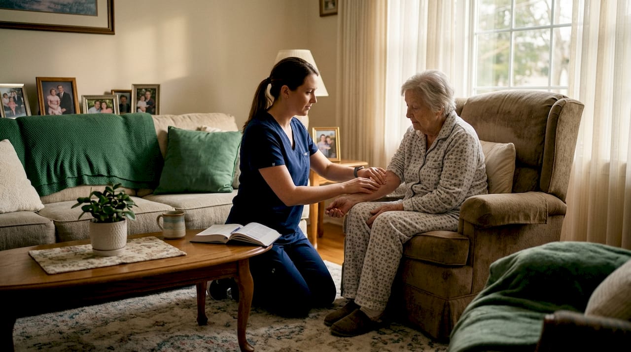 Hospice nurse checks vitals during home visit