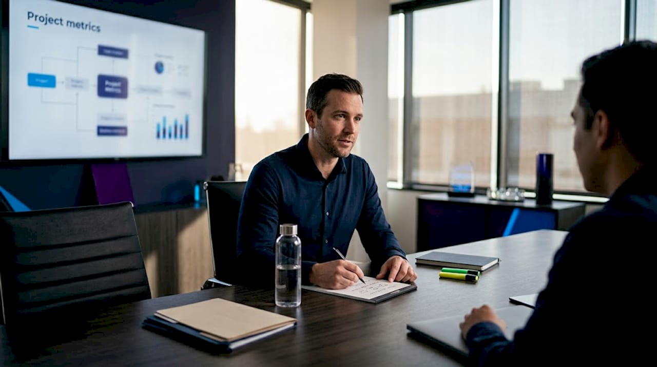 Manager taking workflow audit notes in meeting