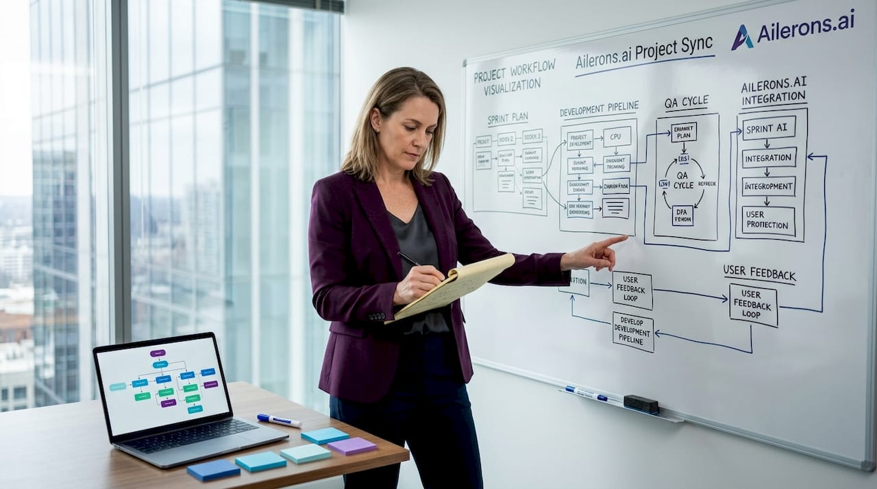 Manager analyzing workflow coordination diagram