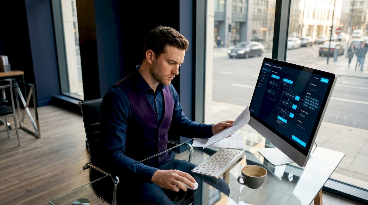 Office worker managing automated document workflow