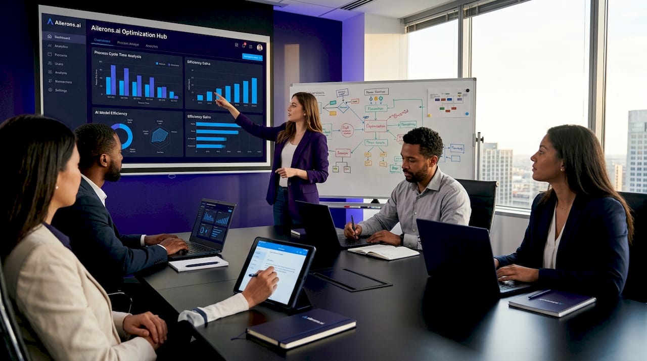 Team collaborating on AI process optimization strategy