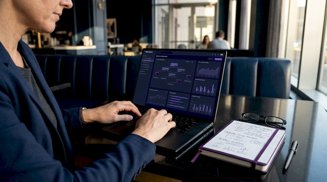 Hands typing AI decision dashboard in office