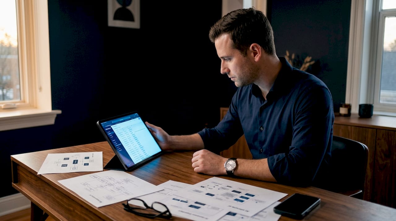 Compliance officer catalogues AI systems on tablet