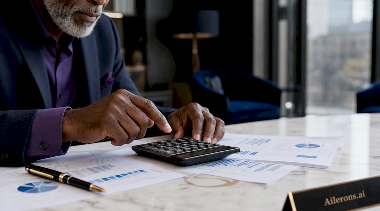 Hands calculating compliance AI ROI with calculator
