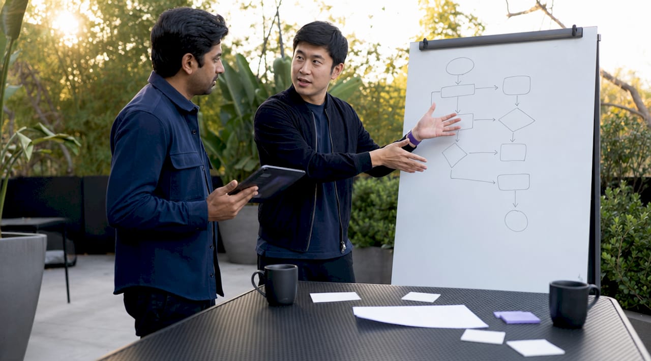 Colleagues discussing agentic AI workflows in meeting room