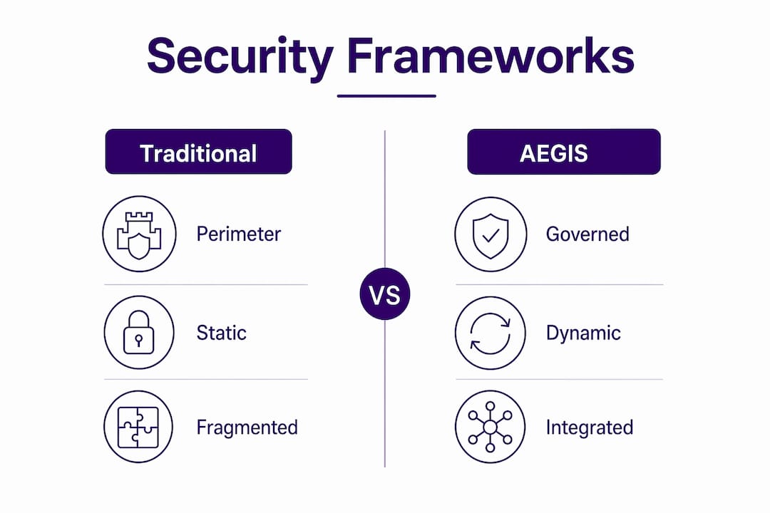 Infographic comparing traditional and AEGIS security frameworks