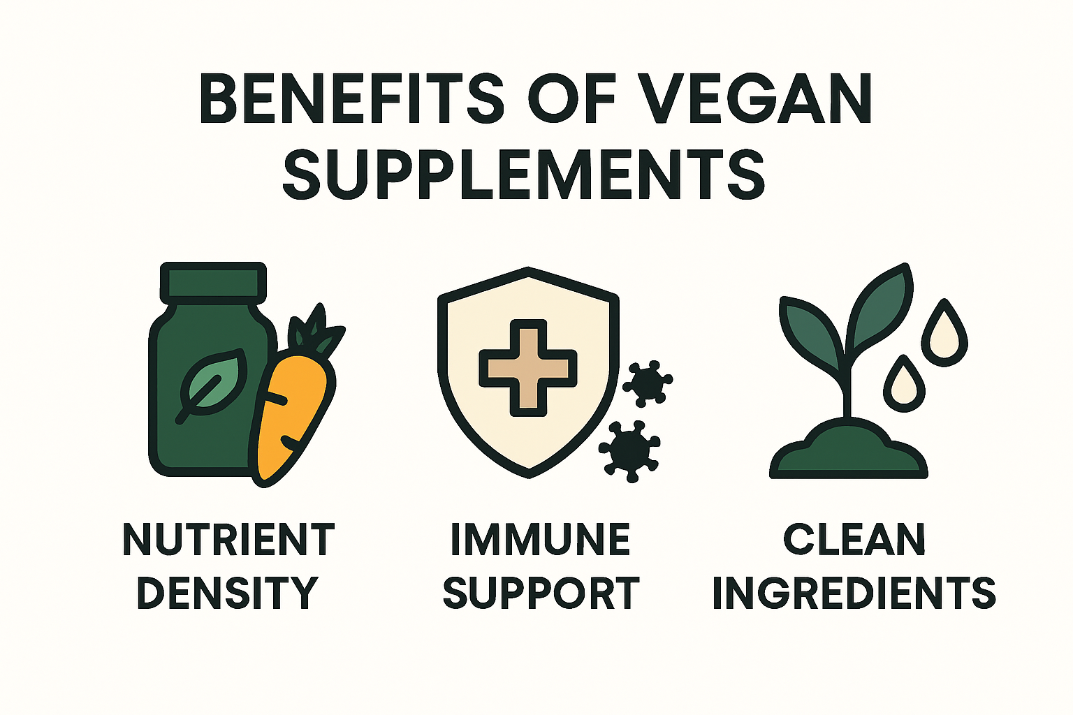 Infographic illustrating vegan supplement benefits: nutrient density, immune support, clean ingredients