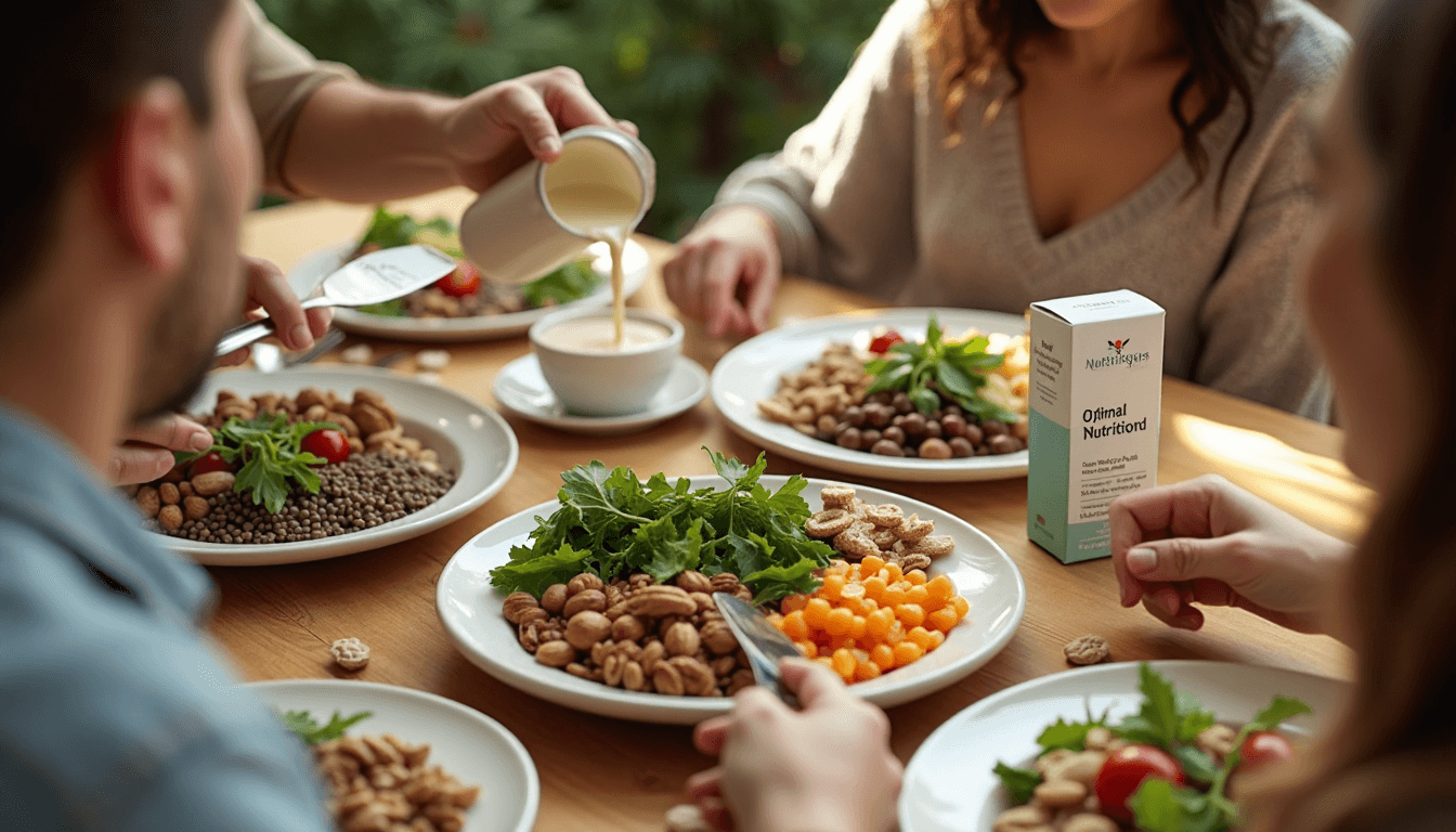 Overhead view of friends sharing plant-based meal and fortified foods