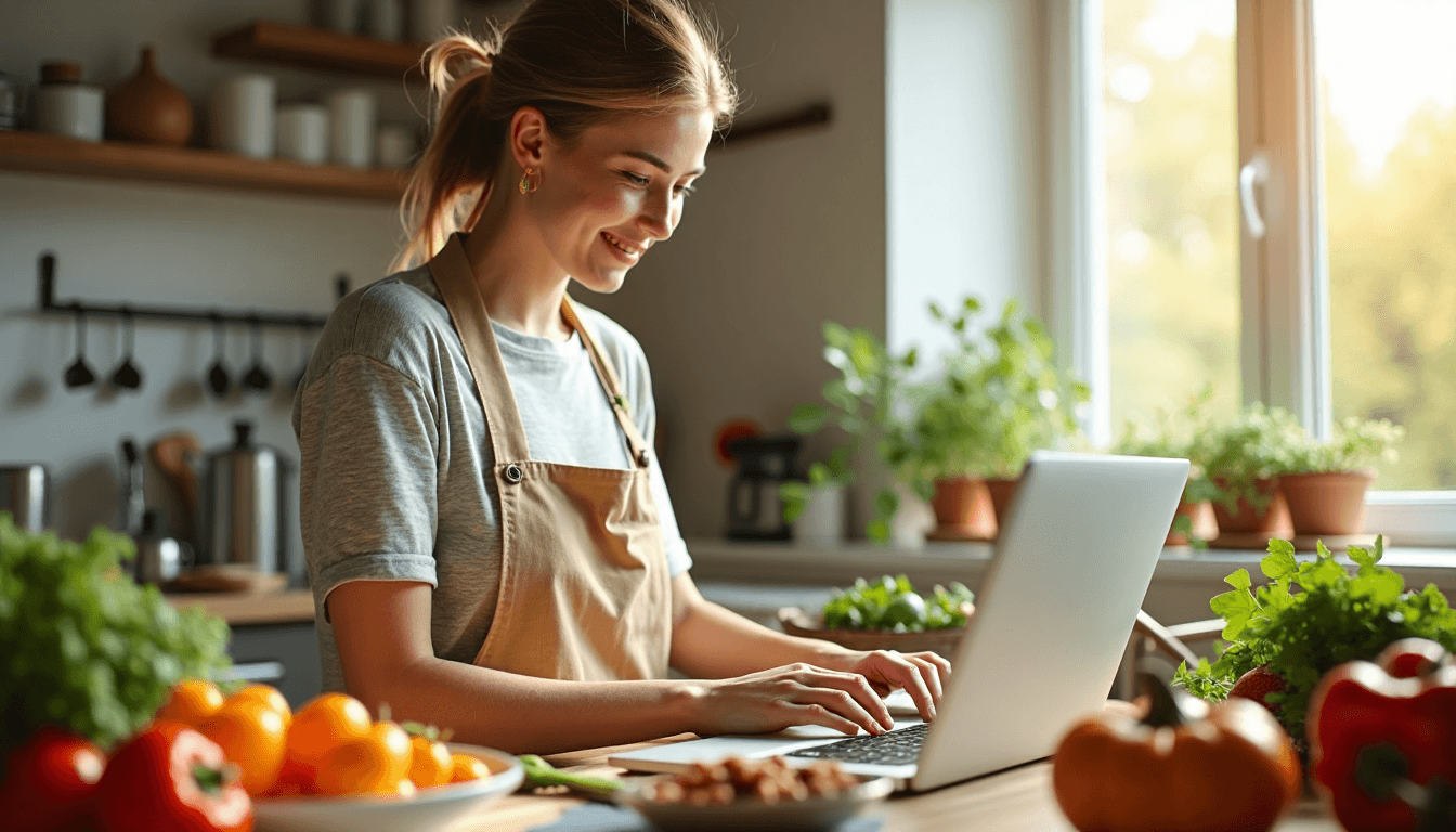 Person in sunny kitchen preparing vegetarian meal with vitamin sources guide on screen