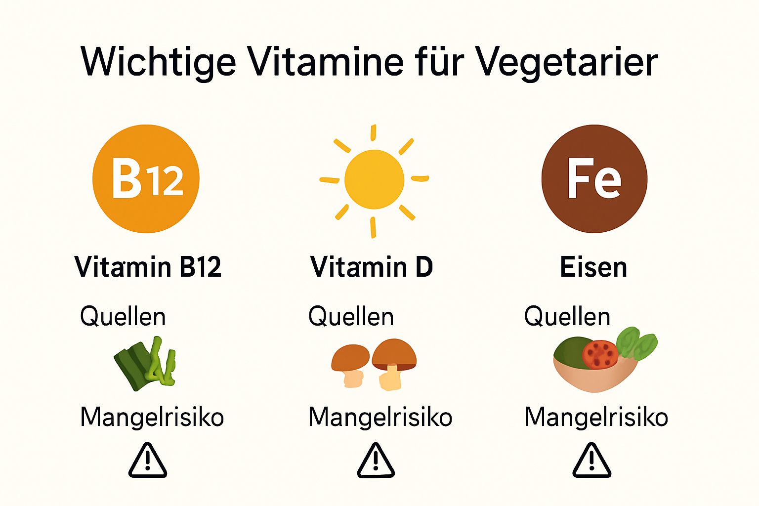 Grafik: Wichtige Vitaminquellen für Vegetarier und potenzielle Mangelrisiken auf einen Blick