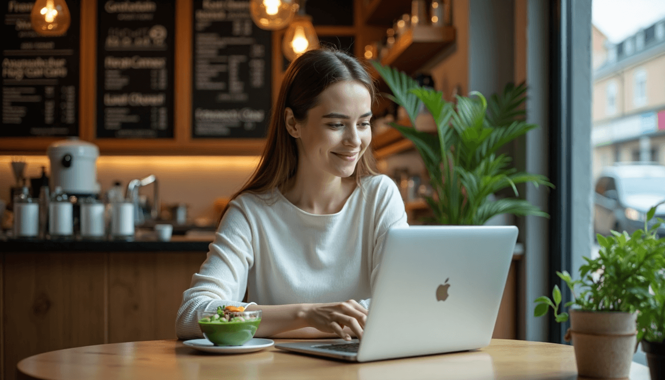 Woman studying spirulina health benefits in bright café