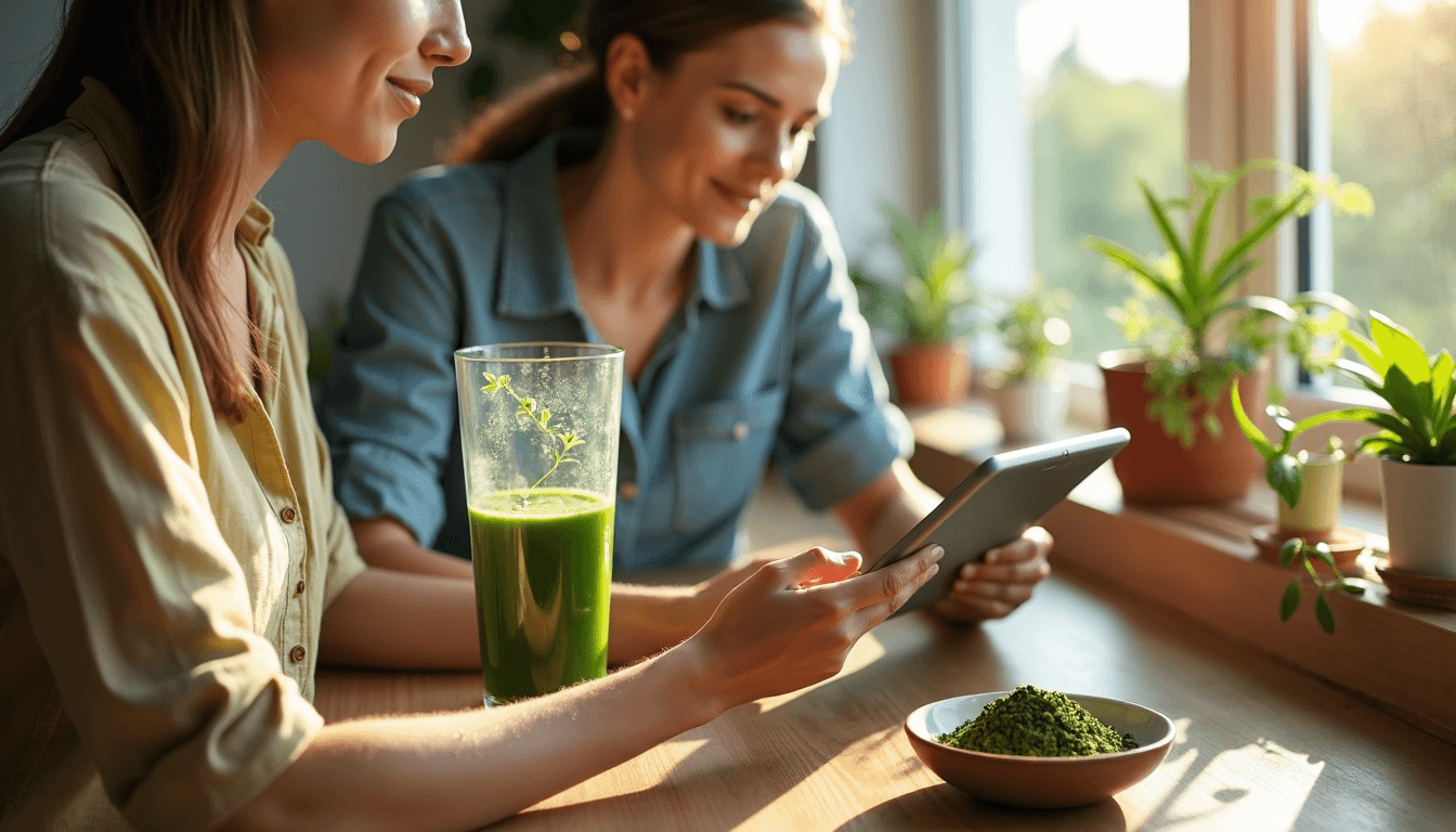 Two people making spirulina smoothie and reading health tips in kitchen