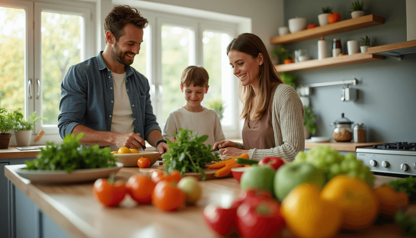 Family prepping healthy food in kitchen with immune system tip on wall screen