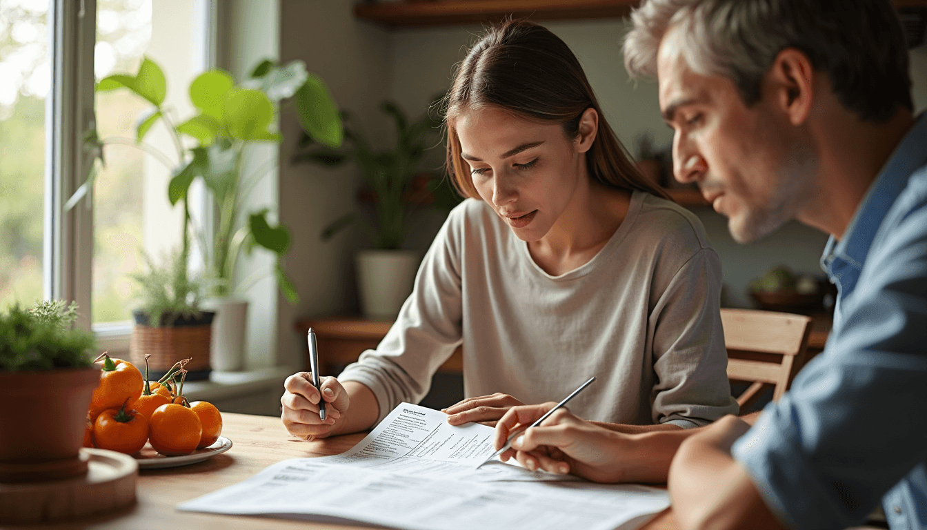 Couple checking food label with sugar tips guide on table