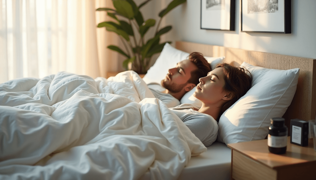 Couple sleeping in sunlit bedroom, poster features German text