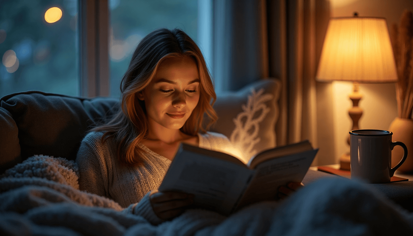 Young woman reading branded book in cozy evening living room