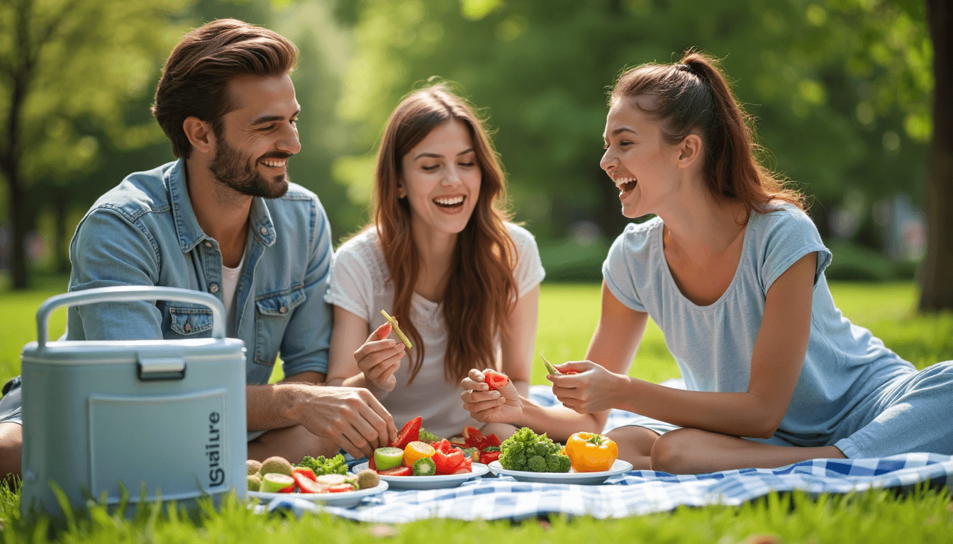 Friends enjoy vitamin C-rich picnic with fresh vegetables and fruit
