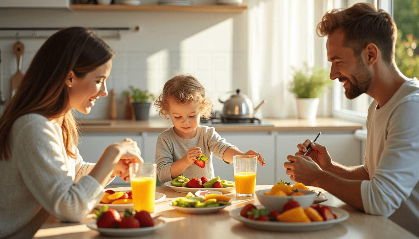 Family prepares vitamin C-rich breakfast in sunny kitchen