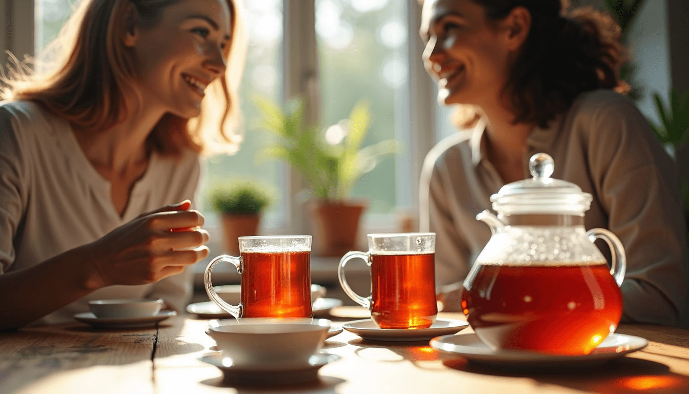 Friends enjoy turmeric tea at breakfast table in soft daylight