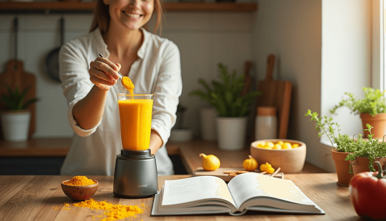 Woman prepares turmeric smoothie in sunlit kitchen with recipe book