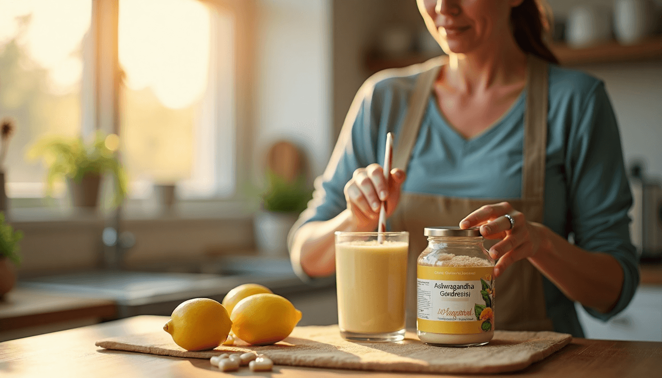 Woman preparing Ashwagandha smoothie in sunlight kitchen