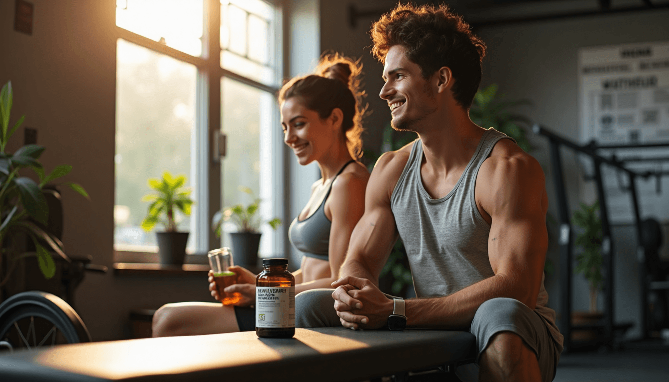Young adults post-workout with Ashwagandha in gym