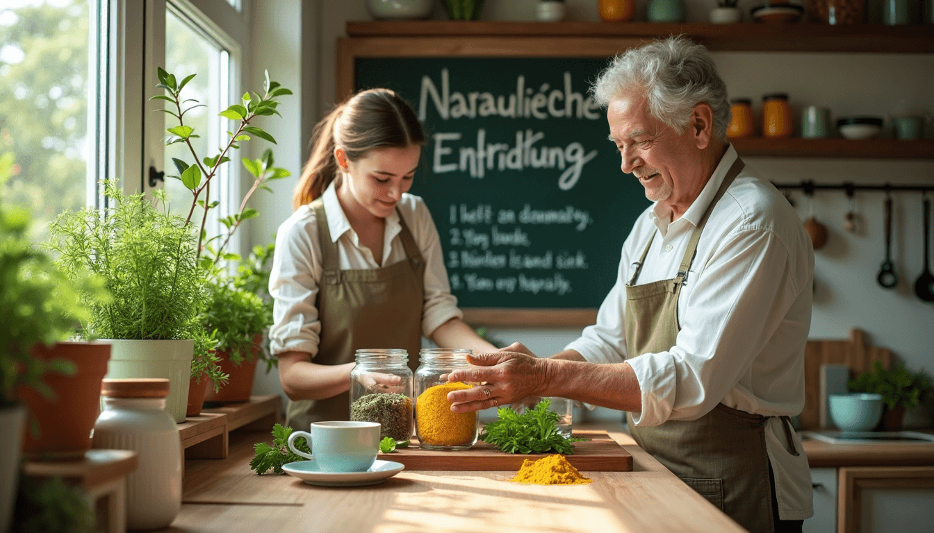 Young and elder arranging fresh detox herbs in sunlit kitchen