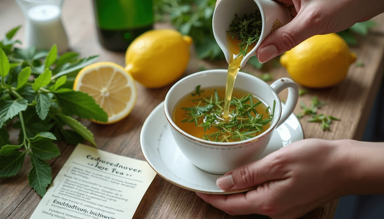 Pouring herbal detox tea with herbs and leaflet on table