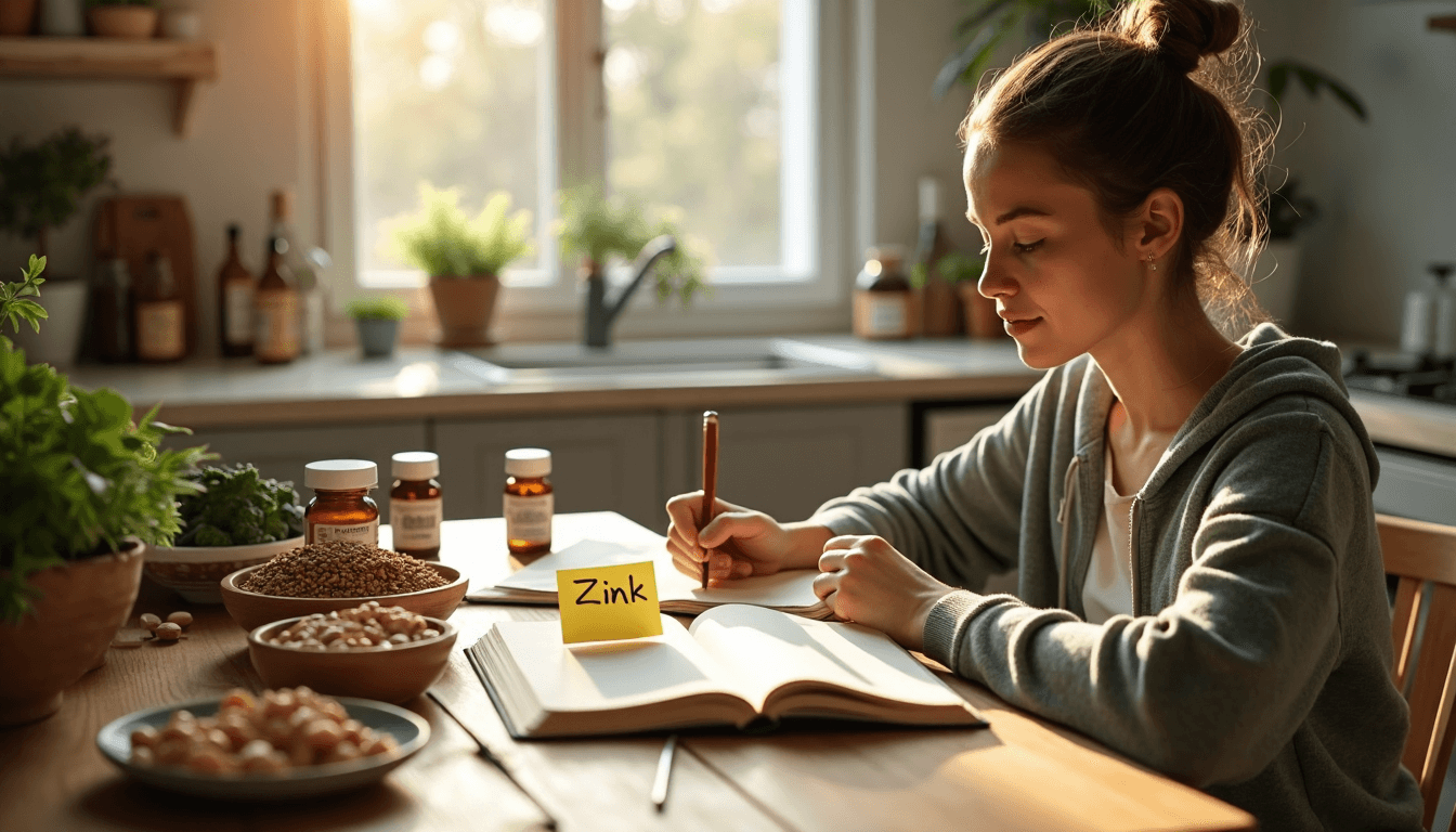 Person with healthy foods and supplements, focusing on zinc benefits