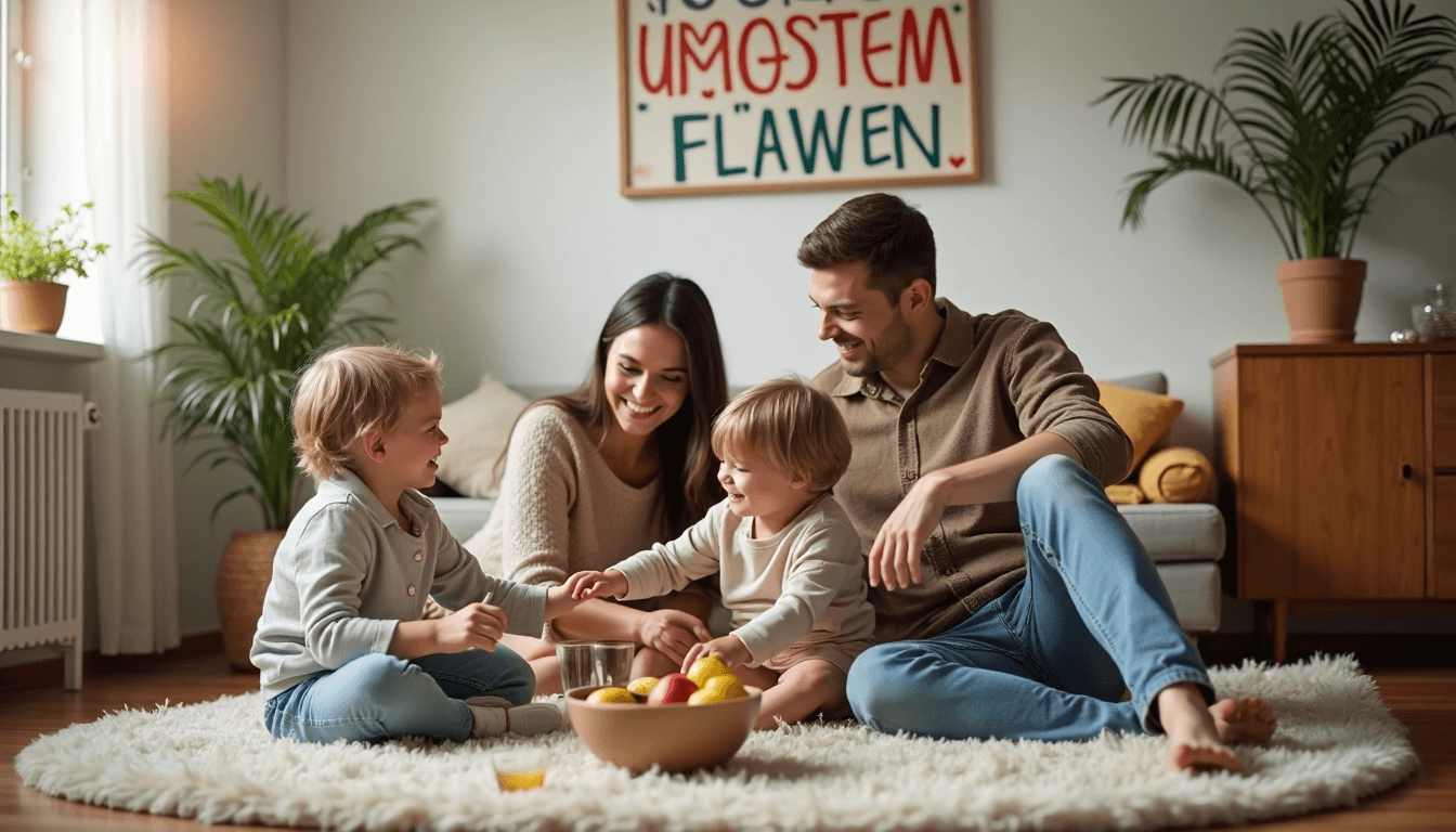 Familie mit Kindern spielt, gesundes Immunsystem Poster im Hintergrund