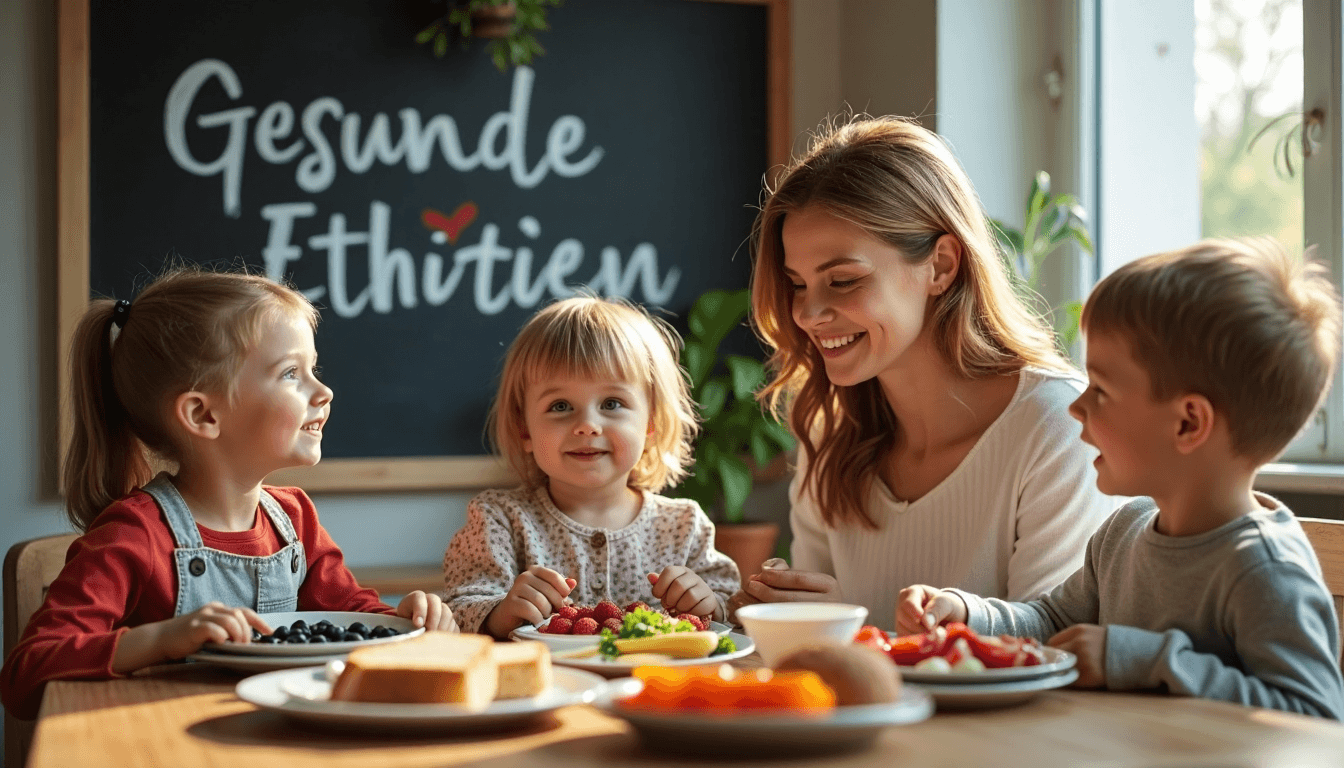 Kinder und Mutter frühstücken gesund, Kreidetafel Gesunde Ernährung