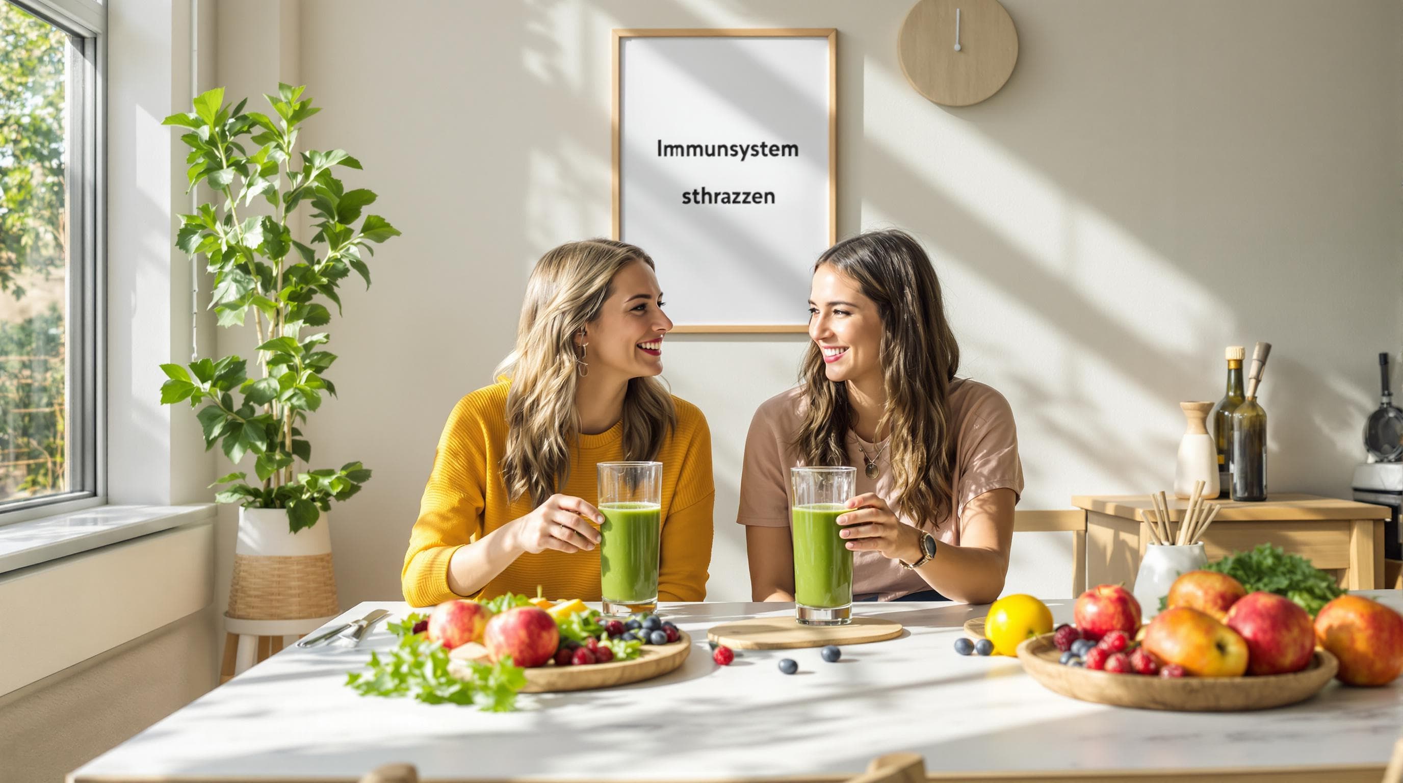 Friends share green smoothies at home, poster with Immunsystem stärken in background
