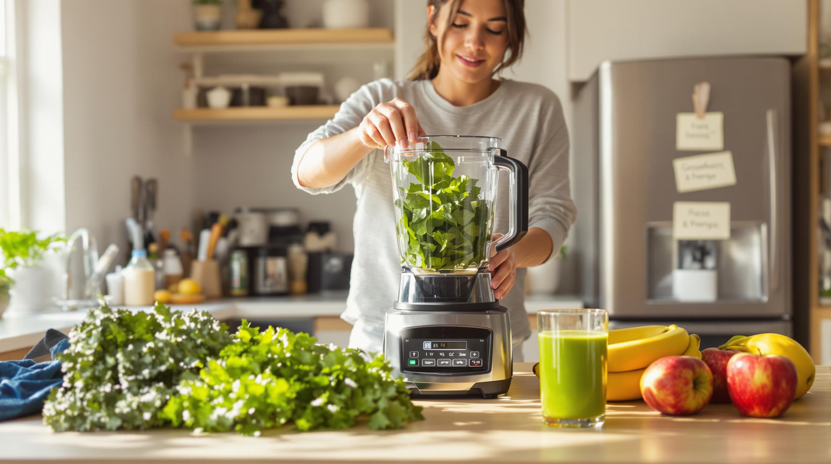 Young adult preparing green smoothie in bright kitchen, Gesundheit & Energie note visible