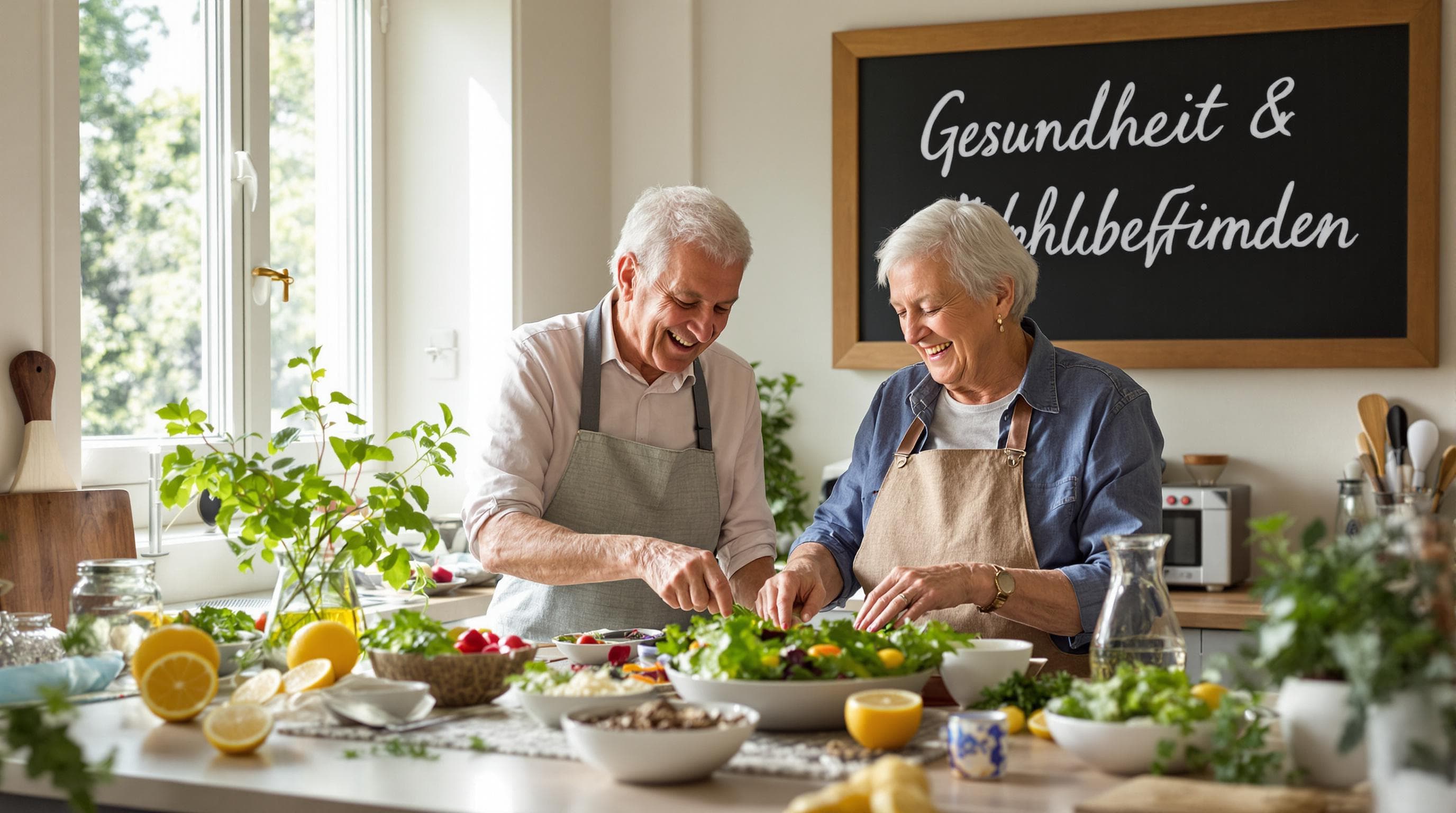 Senior couple enjoys preparing and eating vegan meal with 'Gesundheit & Wohlbefinden' on wall chalkboard