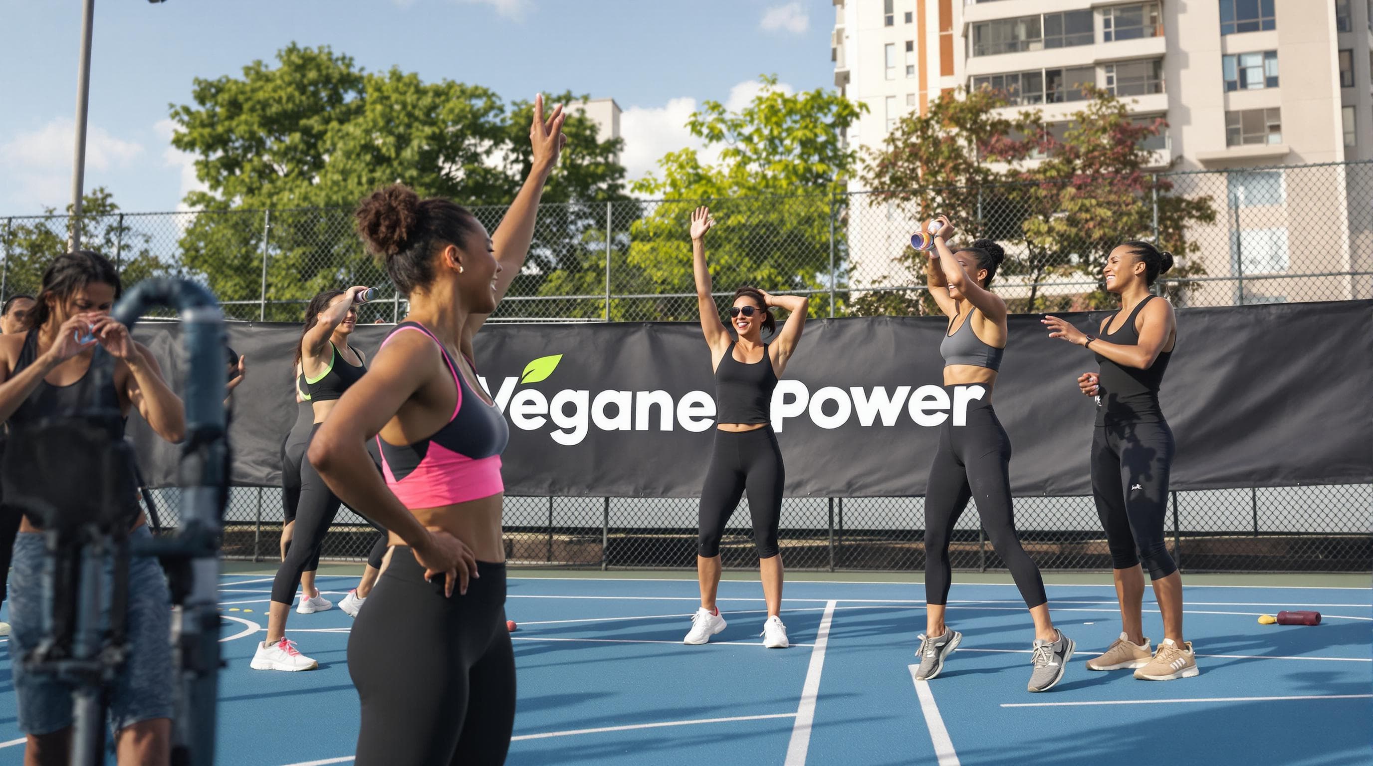 Diverse vegane Athleten voller Energie auf Sportplatz mit Banner 'Vegane Power'