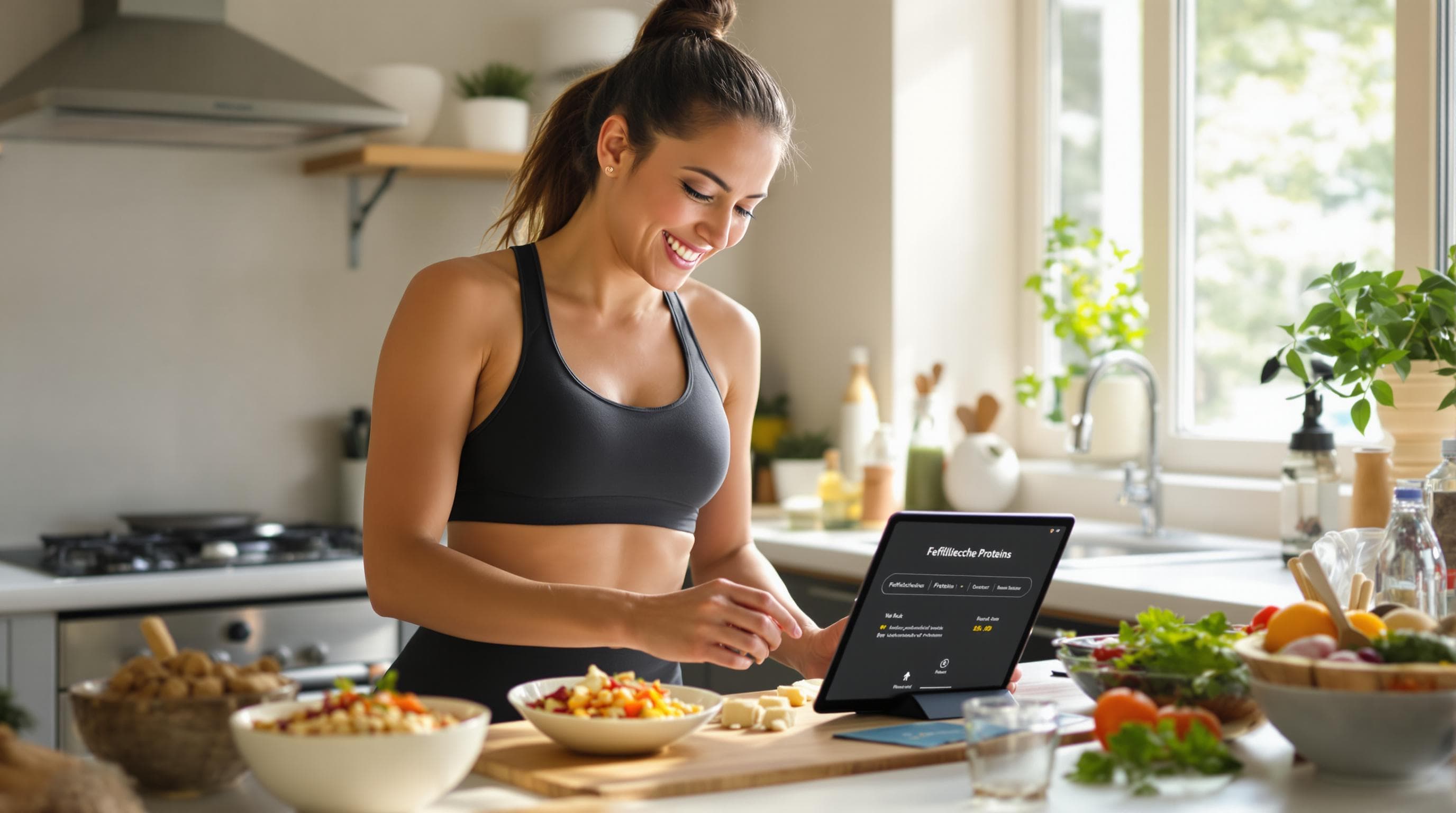Sportliche Frau kocht veganes Proteinreiches Gericht mit Tablet-Tutorial 'Pflanzliche Proteine'